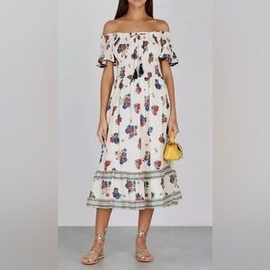Tory Burch Blue and Pink Smocked Tiered Midi Sundress